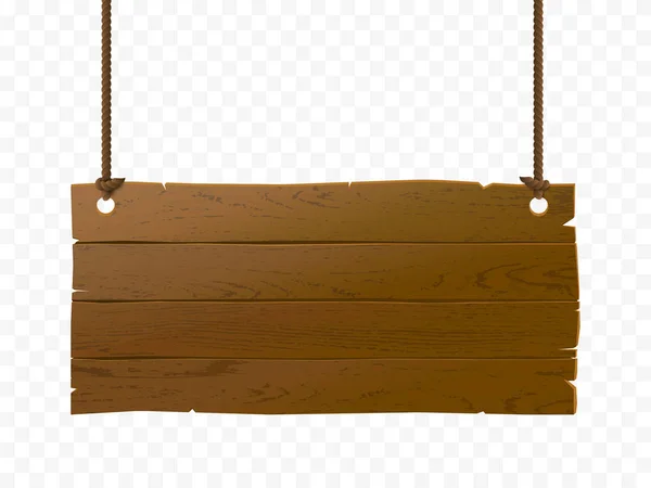 Cartello in legno isolato su sfondo a quadretti, illustrazione di texture in legno realistica vettoriale. Bandiera vecchio stile con corda . — Vettoriale Stock