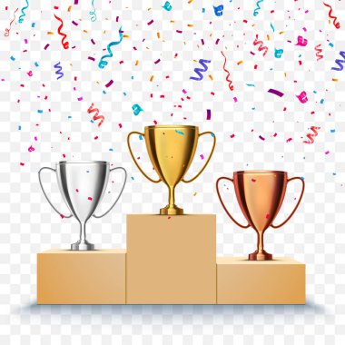 Galibi arka plan. Birinci, ikinci ve üçüncü rekabet yerleştirin. Kupa bardak ve izole konfeti ile podyum