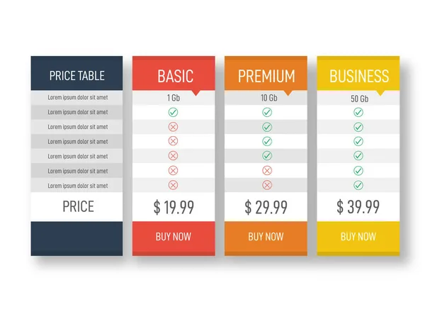 Price table for websites and applications. Business template in flat style. Vector illustration — Stock Vector