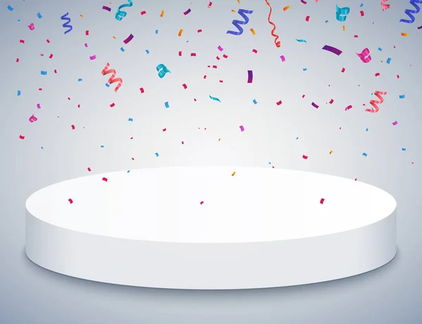 Piedestal med färgglada konfetti isolerad på grå bakgrund. Vektorillustration. Runda podium. Vinnare koncept — Stock vektor