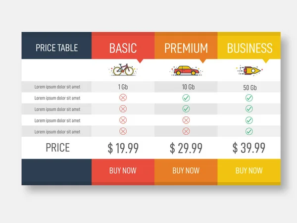 Preistabelle für Webseiten und Anwendungen. Geschäftsvorlage im flachen Stil. Vektorillustration — Stockvektor