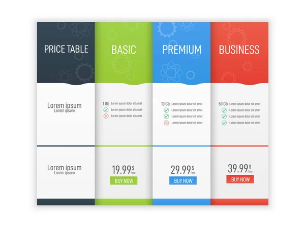 Tabela de preços para sites e aplicativos. Modelo de infográfico de negócios. Ilustração vetorial —  Vetores de Stock