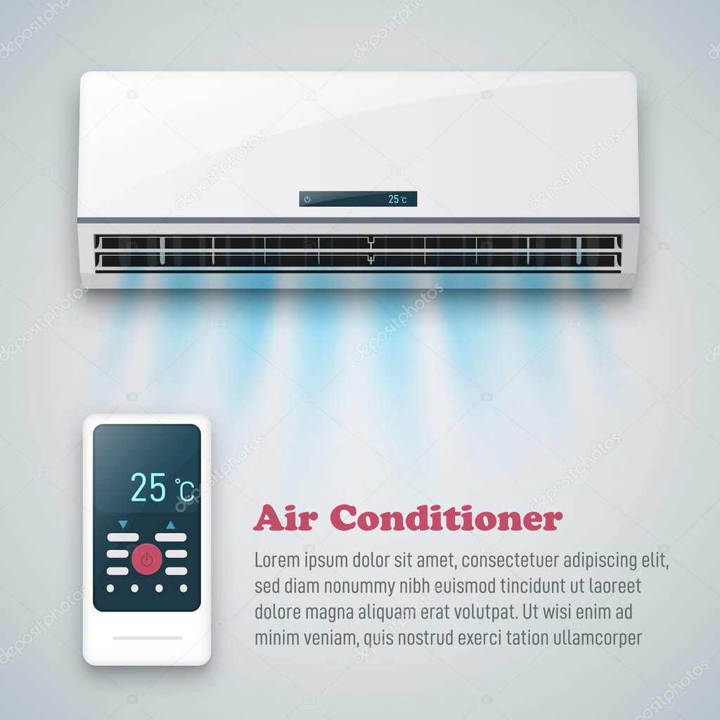 Air conditioner background with fresh air streams isolated on grey background.