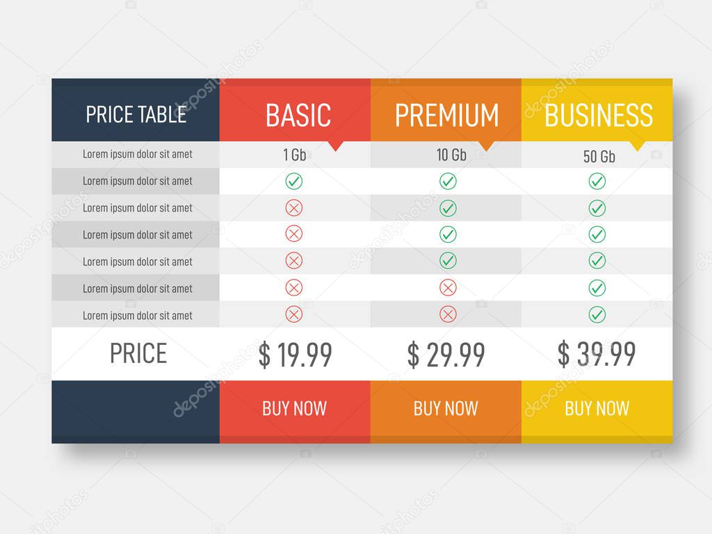 Price table for websites and applications. Business template in flat style. Vector illustration