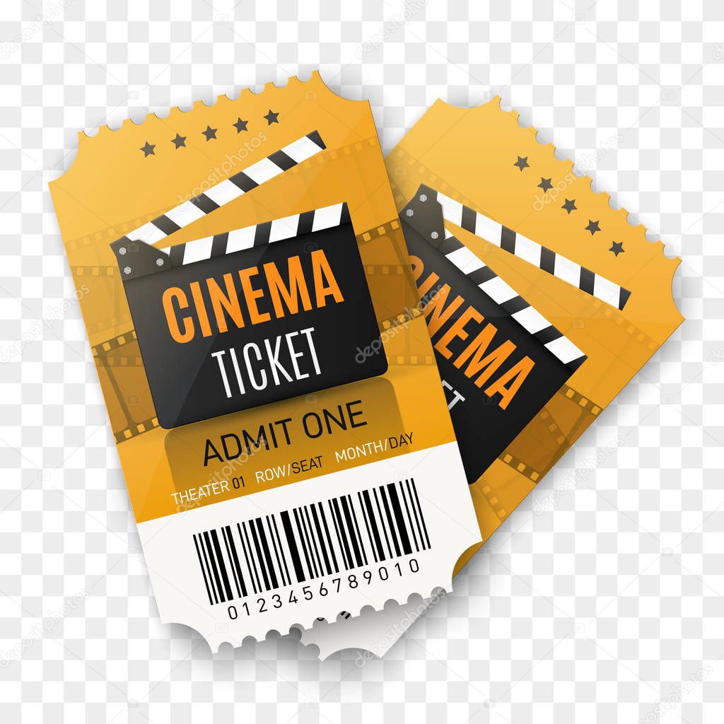 Two cinema tickets isolated on transparent background. Vector template.