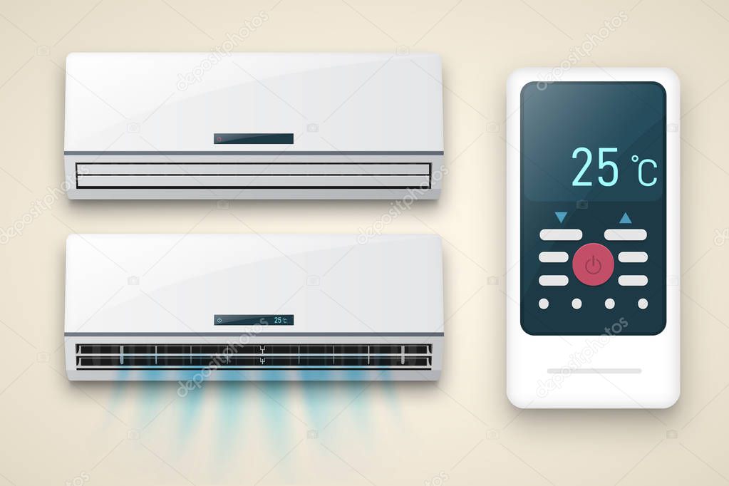 Air conditioner template. Vector realistic illustration. Conditioner with fresh air streams.