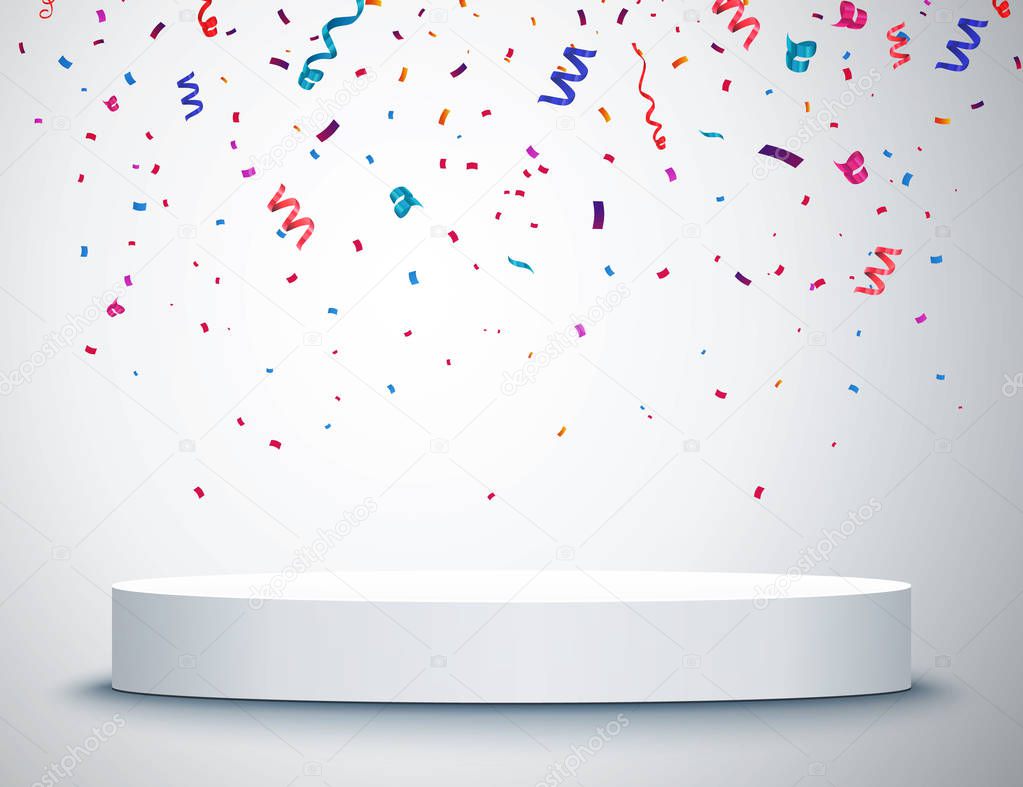 Pedestal with colorful confetti isolated on grey background. Vector illustration. Round podium. Winner concept