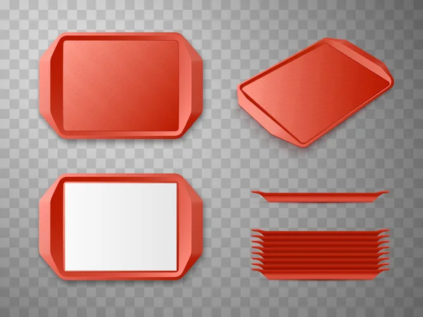 Rode Plastic Tray Salver geïsoleerde instellen. Vector mockup. — Stockvector