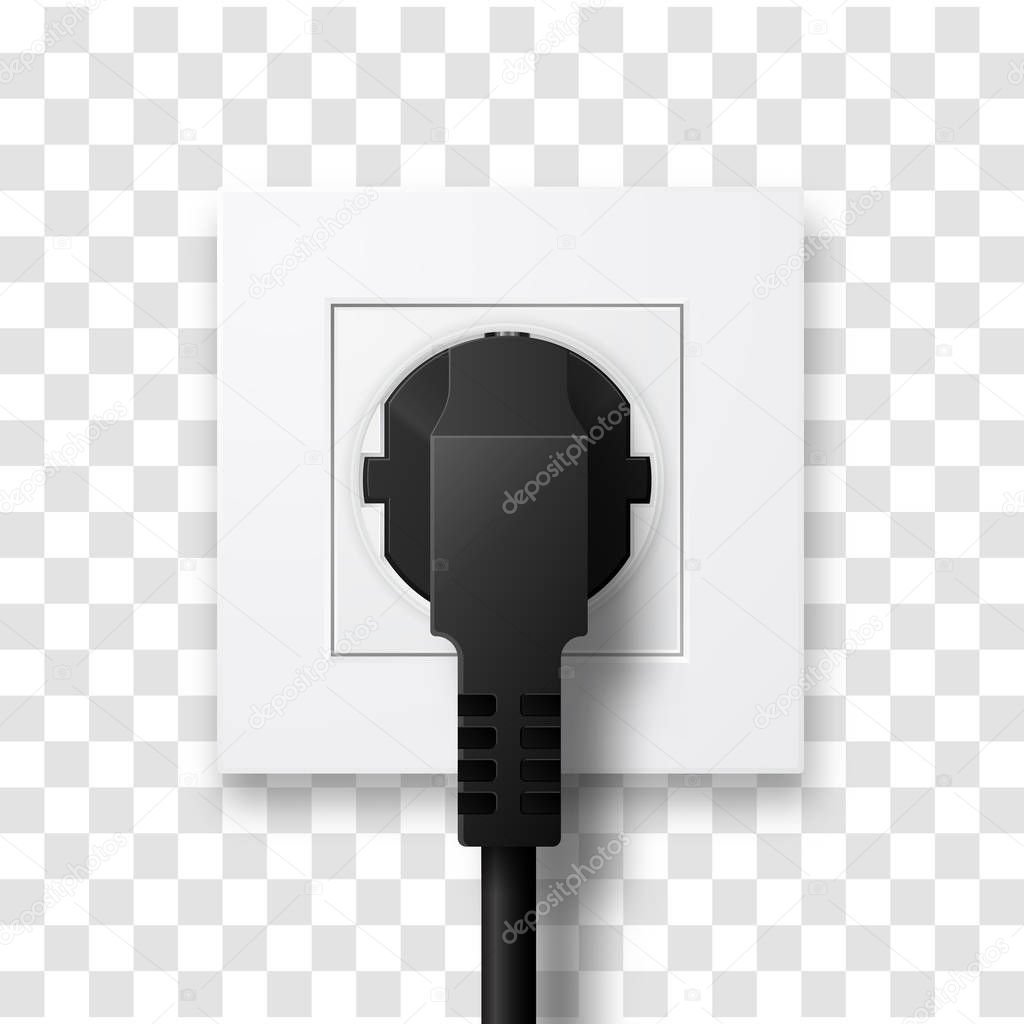 Realistic plug inserted in electrical outlet isolated. Socket with plug, vector illustration.