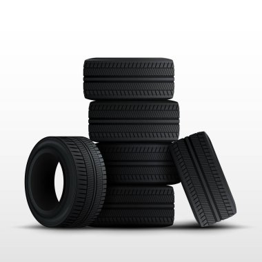 Lastikler ayarlayın. 3d gerçekçi araba lastikleri üzerinde beyaz izole. Vektör
