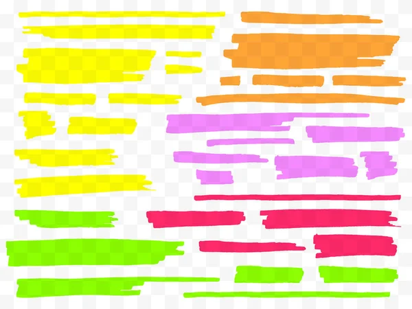 Set de iluminadores de colores. Marcadores amarillos, verdes, morados, rojos y naranjas. Líneas de cepillo dibujadas a mano transparentes . — Archivo Imágenes Vectoriales