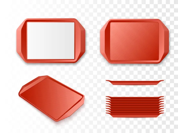 Rode Plastic Tray Salver geïsoleerde instellen. Vector mockup. — Stockvector