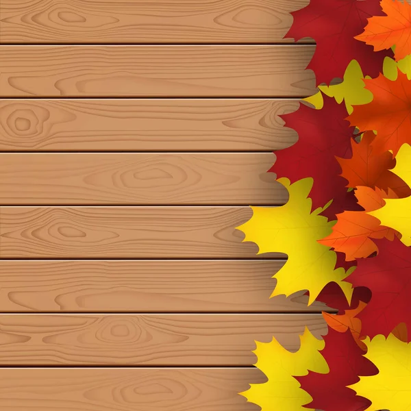 Herfst achtergrond met mapple bladeren en houten plank. Val ontwerp vectorillustratie. Lege ruimte voor uw tekst. — Stockvector