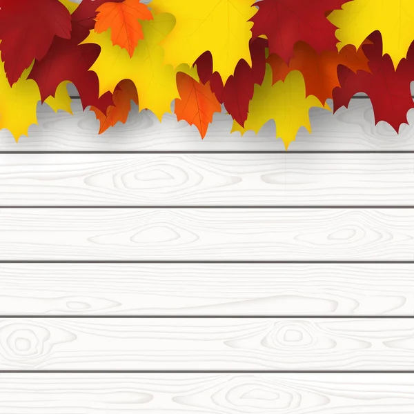 Herfst achtergrond met esdoorn bladeren en houten plank. Val ontwerp vectorillustratie. Lege ruimte voor uw tekst. — Stockvector