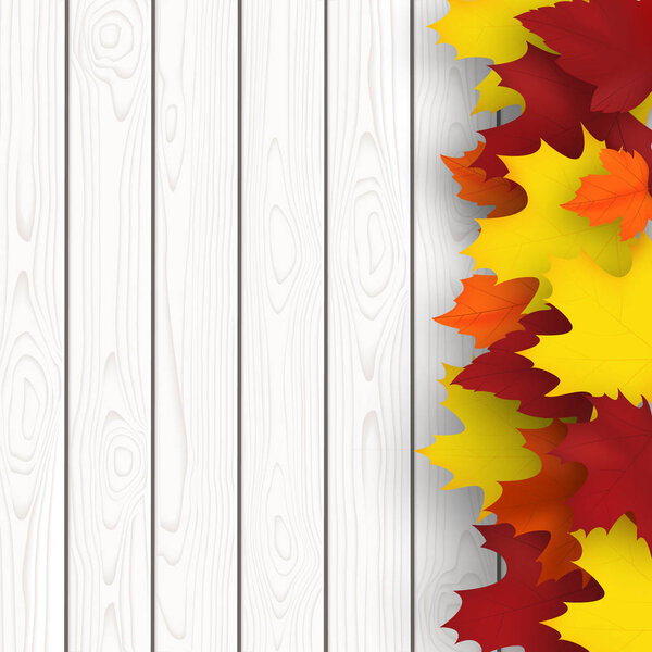 Autumn background with maple leaves and wooden plank. Fall design vector illustration. Empty space for your text.