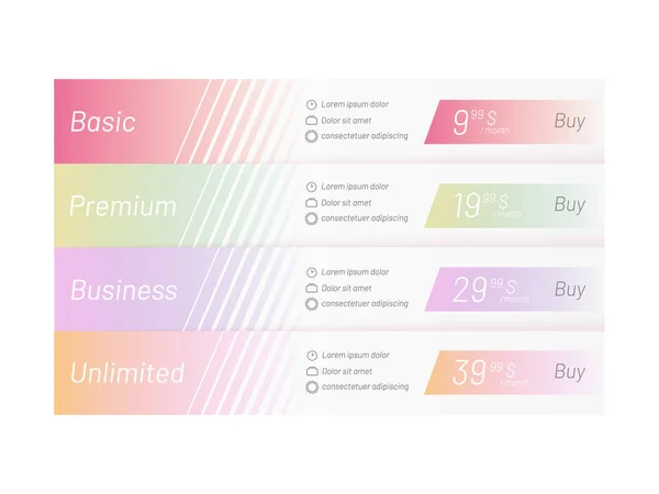 Bright pricing table in flat style. Design element for website. Vector template — Stock Vector