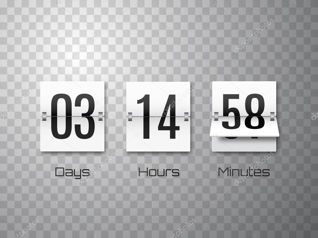 Countdown timer with white numbers isolated on transparent background. Clock counter. Vector template