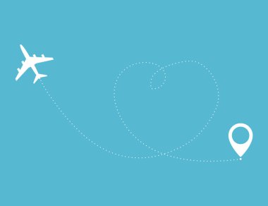 Uçak seyahat kavramı. Uçak gidilecek noktaları ve kesik yol çizgi ile. 