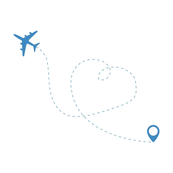 Concepto de viaje en avión. Avión con puntos de destino y línea de ruta de guiones . — Vector de stock