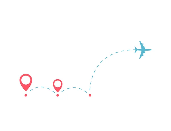 Concepto de viaje en avión. Avión con puntos de destino y línea de ruta de guiones . — Archivo Imágenes Vectoriales