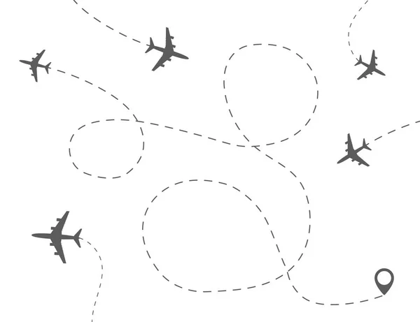 飞机旅行的概念。带有目的地点和破折号路线的平面. — 图库矢量图片