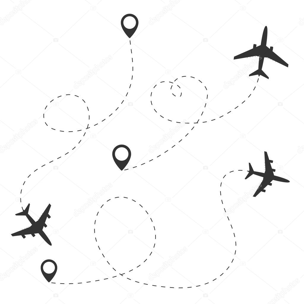 Airplane travel concept. Plane with destinations points and dash route line. 