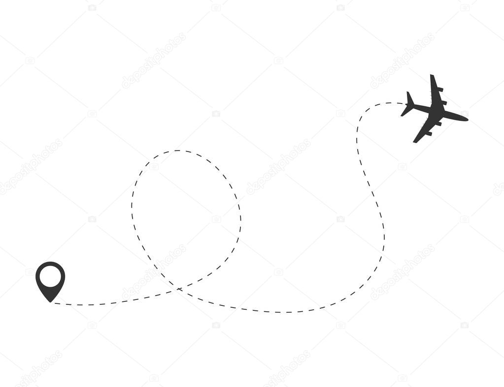 Airplane travel concept. Plane with destinations points and dash route line. 