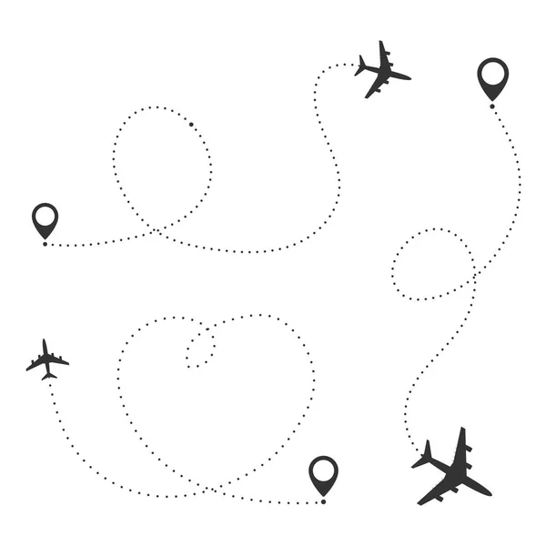 Concepto de viaje en avión. Avión con puntos de destino y línea de ruta de guiones . — Vector de stock