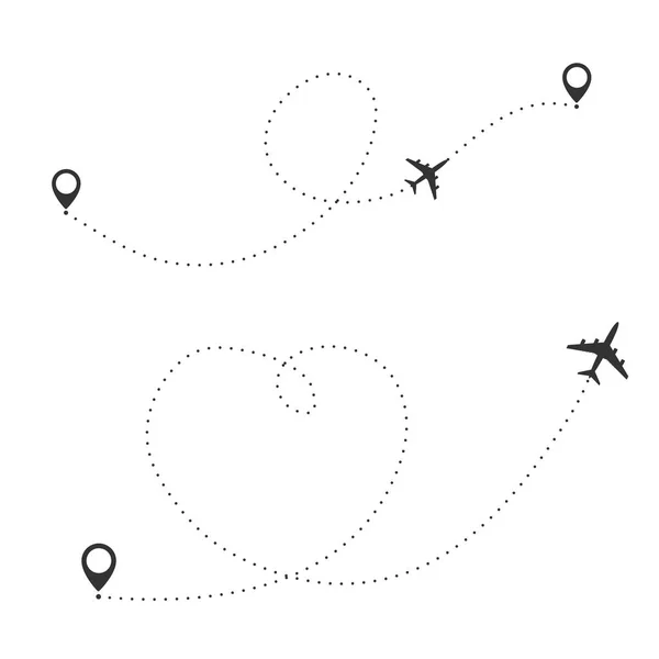 Uçak seyahat kavramı. Uçak gidilecek noktaları ve kesik yol çizgi ile. — Stok Vektör