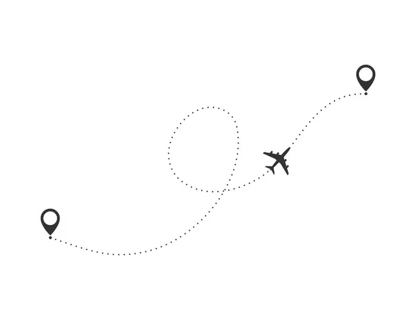 Concetto di viaggio aereo. Aereo con punti di destinazione e linea del percorso trattino . — Vettoriale Stock