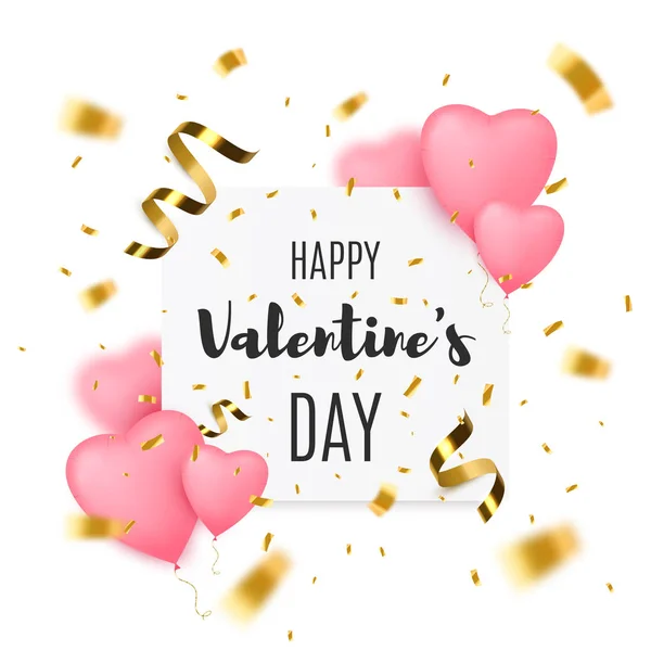 Valentines day background with Heart Shaped Balloons and gold confetti. — Stock Vector