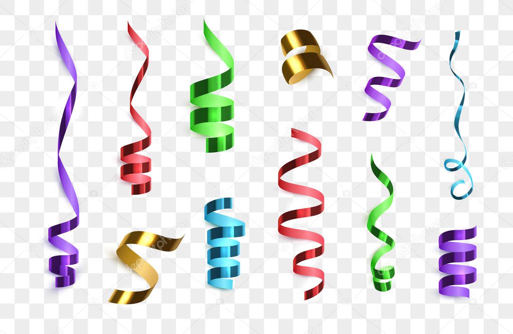 Confetti isolated.  Golden, red, green, blue and purple Streamer Ribbons isolated.