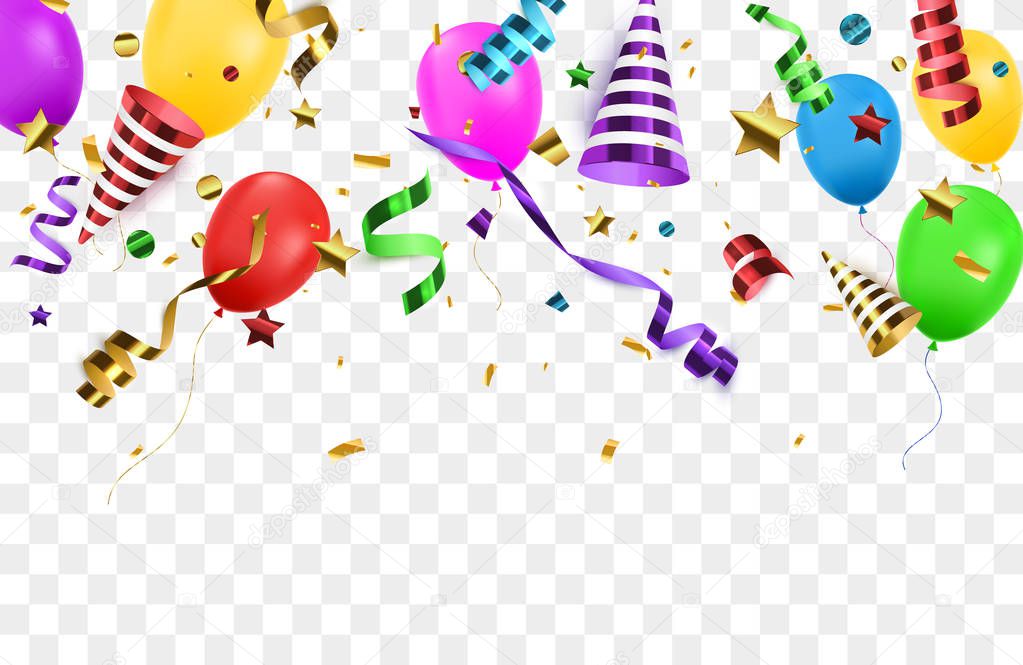 Confetti with party poppers isolated. Birthday background.