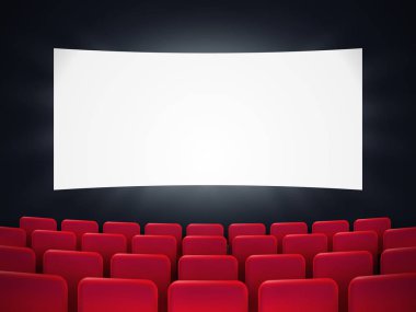 Kırmızı koltuklu sinema ekranı. 