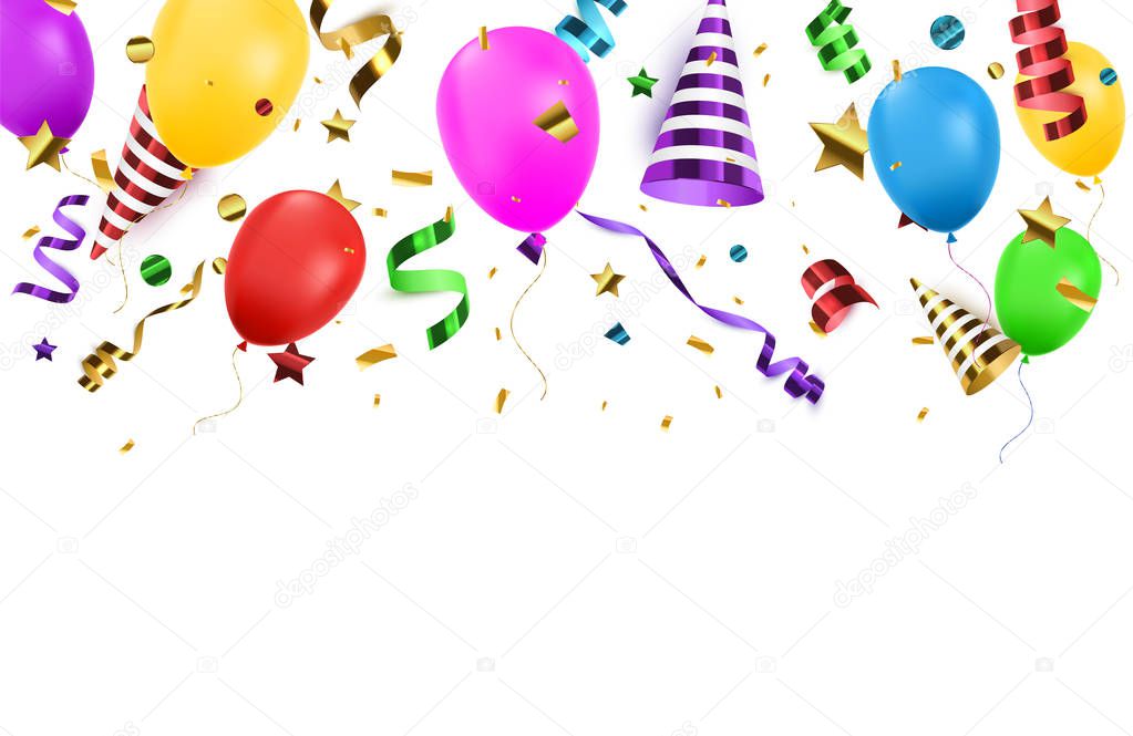 Confetti background with Party poppers and air balloons isolated. Birthday background. Vector illustration
