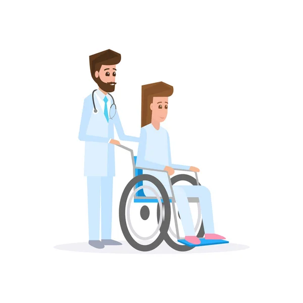 Médico varón y mujer joven con silla de ruedas — Vector de stock