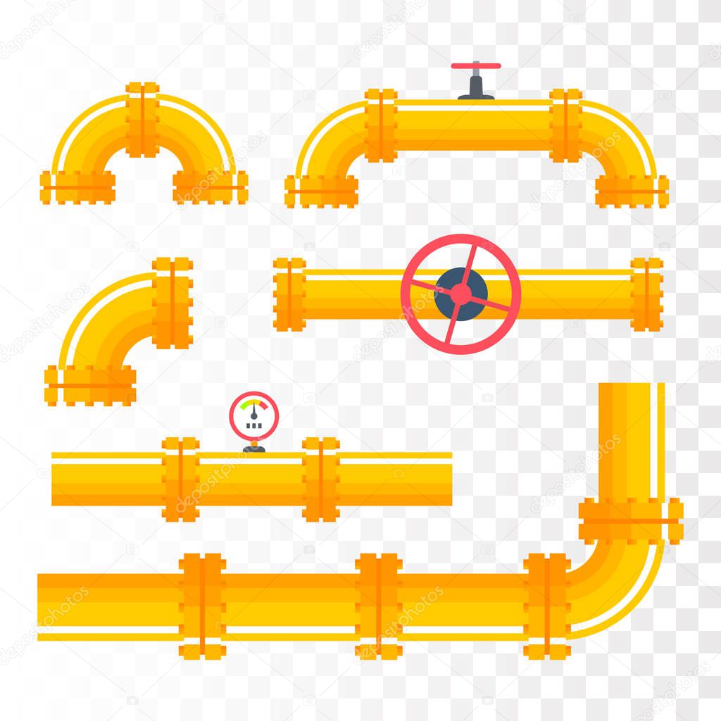 Pipelines with connectors and valves in flat style. 