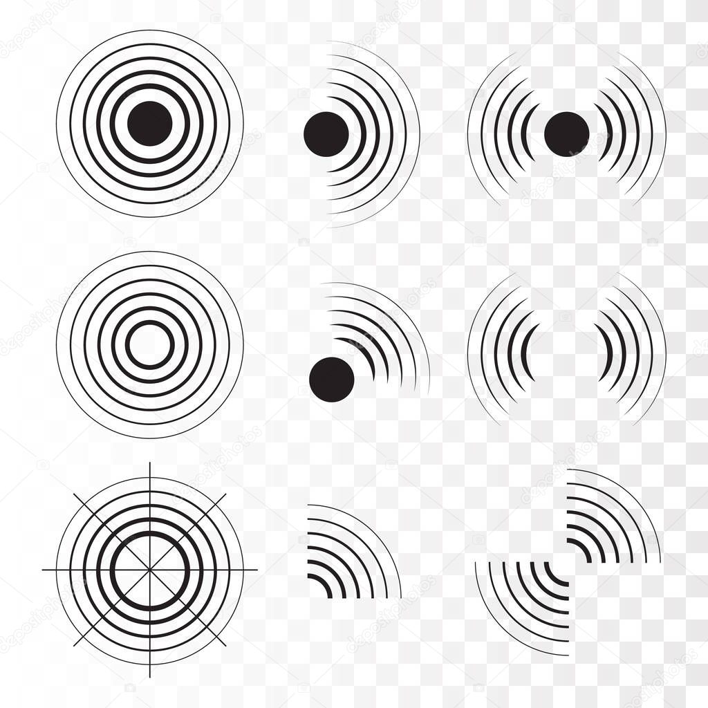 Set of radar icons. Sonar sound waves. Vector 
