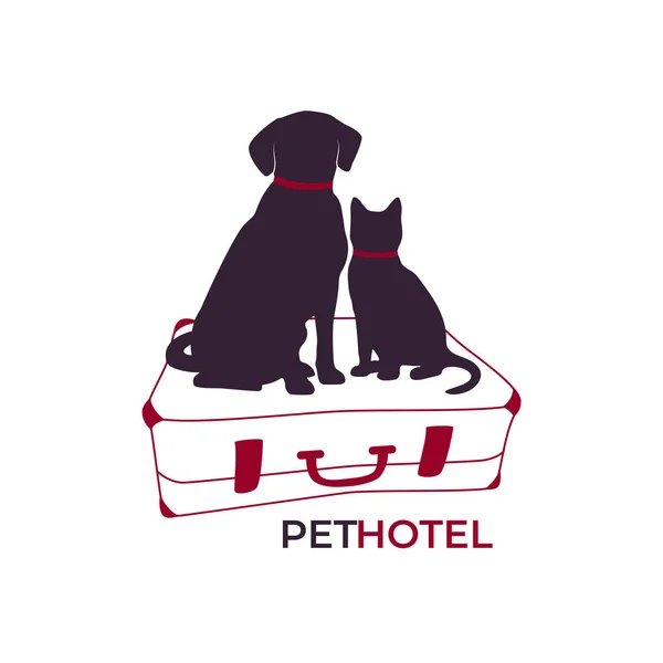 Cão e gato sentados numa mala. Ícone do hotel de estimação, logotipo, conceito . — Vetor de Stock