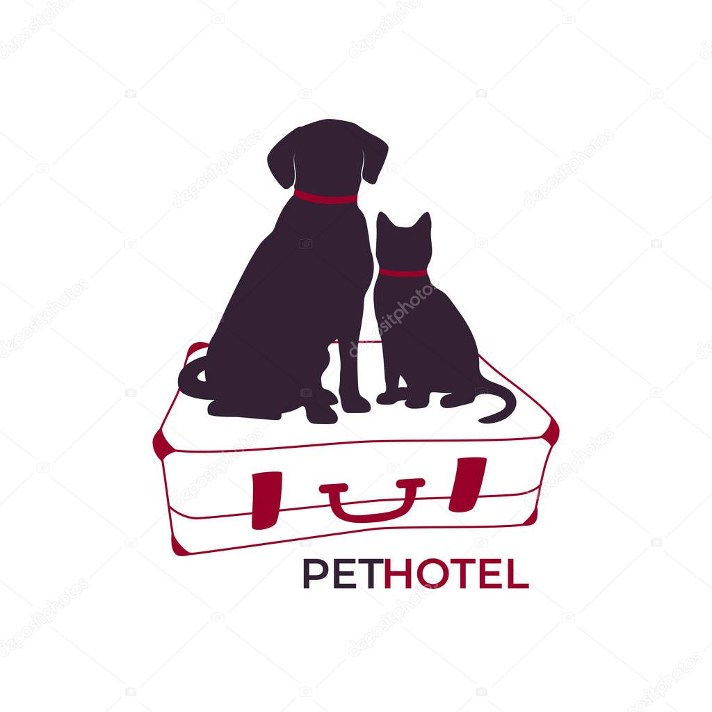 Dog and cat sitting on a suitcase. Pet hotel icon, logo, concept. Vector illustration, eps8