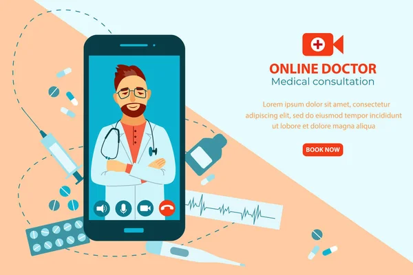 Conceito médico online. Médico dando consulta médica no smartphone via chat por vídeo . — Vetor de Stock