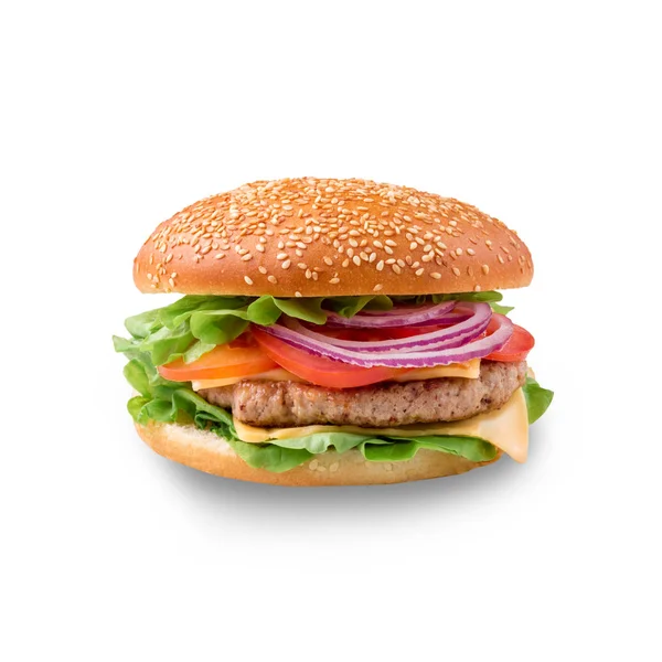 Idealny hamburger klasyczny burger amerykański kanapka na białym tle — Zdjęcie stockowe