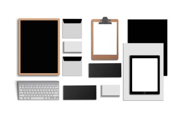 Boş kurumsal kimliği üzerinde beyaz izole ayarlayın. Kartvizit, klasör, tablet Pc, zarflar, a4 antetli, dizüstü bilgisayarlar, flaş, kalem, cd disk ve akıllı telefonlar oluşur.
