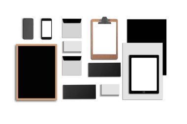 Boş kurumsal kimliği üzerinde beyaz izole ayarlayın. Kartvizit, klasör, tablet Pc, zarflar, a4 antetli, dizüstü bilgisayarlar, flaş, kalem, cd disk ve akıllı telefonlar oluşur.