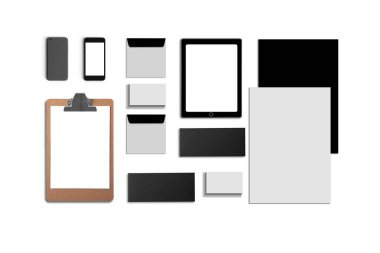 Boş kurumsal kimliği üzerinde beyaz izole ayarlayın. Kartvizit, klasör, tablet Pc, zarflar, a4 antetli, dizüstü bilgisayarlar, flaş, kalem, cd disk ve akıllı telefonlar oluşur.