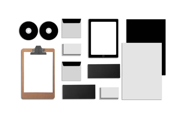Κενό εταιρική Id. που απομονώνονται σε λευκό. Αποτελούνται από επαγγελματικές κάρτες, φάκελο, tablet Pc, φακέλους, επιστολόχαρτα Α4, σημειωματάρια, φλας, μολύβι, δίσκο cd και έξυπνα τηλέφωνα. — Φωτογραφία Αρχείου