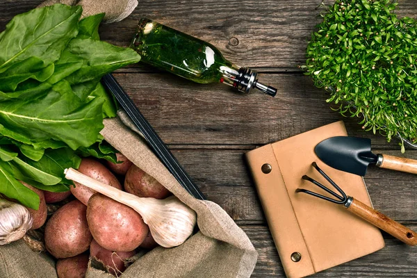 Batatas frescas, óleo, alho e ervas picantes em um fundo de madeira de cozinha. Legumes frescos do seu próprio jardim . — Fotografia de Stock