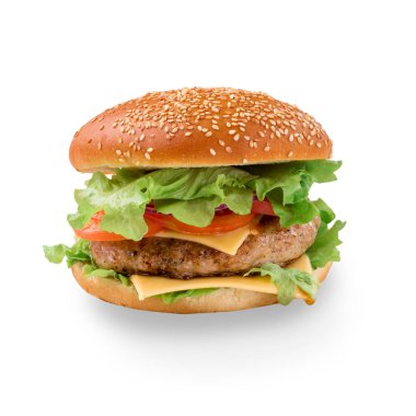 Beyaz arkaplanda lezzetli bir hamburger