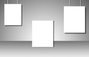 Gri arka plan üzerinde boş beyaz posterler