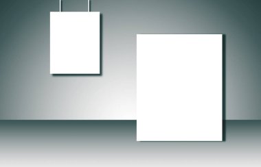 Gri arka plan üzerinde boş beyaz posterler